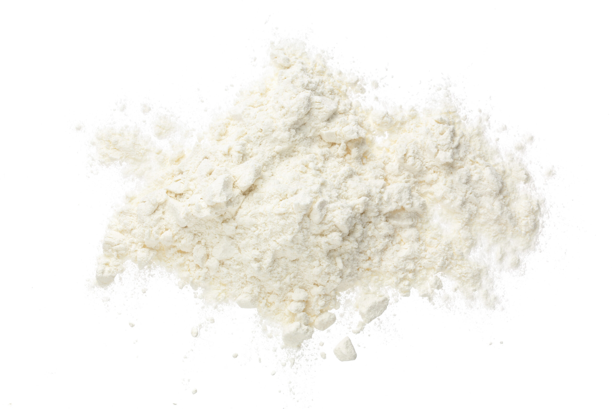 Pile of flour isolated on white background. Top view. Flat lay Beverage Powder